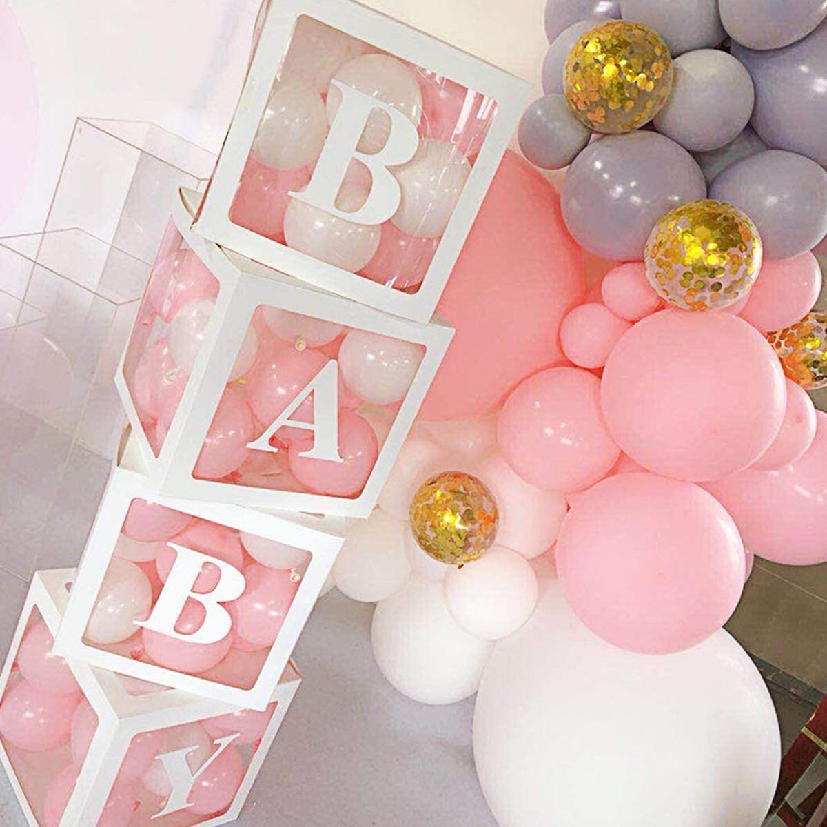 BabyShower Box Set of 4 Clear Baby Block Boxes with Baby Letters Party Decoration - Transparent Ballon Boxes Backdrop - Baby Shower & Birthday Party